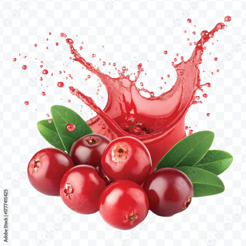 realistic cranberry  fruits with red liquid juice splash in different style isolated on transparent background