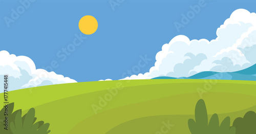 Landscape green hills and clouds with sun