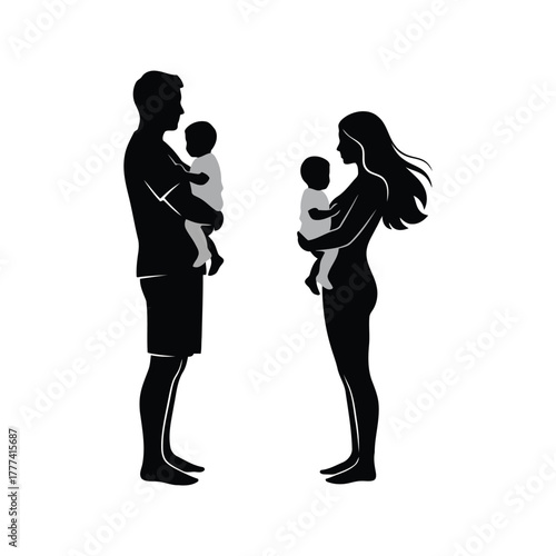 Family silhouette with two parents and babies