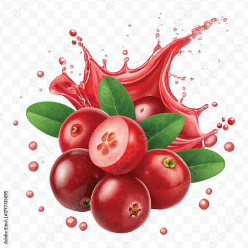 realistic cranberry  fruits with red liquid juice splash in different style isolated on transparent background
