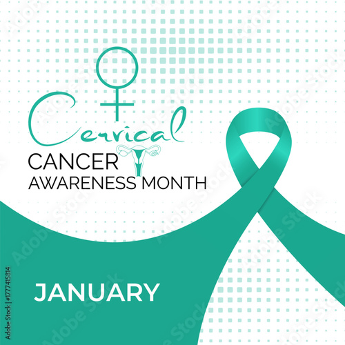Cervical Cancer Awareness Month promotes prevention and early detection. Support women’s health with teal and white ribbons and awareness campaigns. Banner poster background design template. Vector.