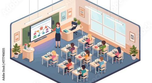 Isometric Illustration of a Modern Classroom with Students and Teacher During Lesson