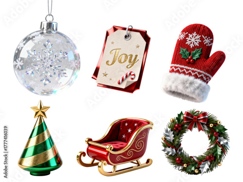 Collection of festive christmas ornaments and decorations isolated on transparent background