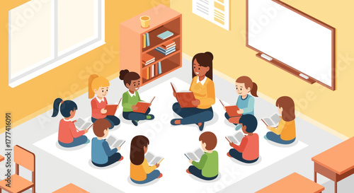 Diverse group of young students engaged in a captivating reading session with their teacher, fostering early literacy and a love for learning in a bright classroom