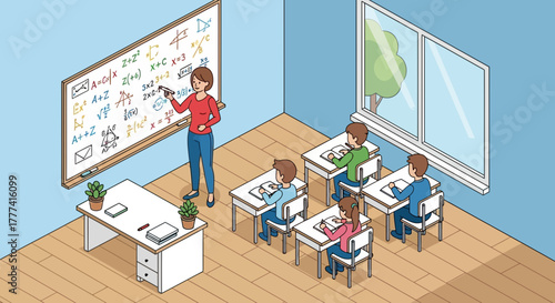 Teacher instructing students on mathematics in a vibrant classroom, an isometric illustration depicting a modern educational environment and learning experience