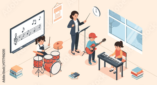 Children learning music and instruments in a classroom setting with a teacher guiding them
