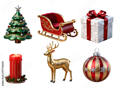 Collection of christmas decorations including a tree sleigh gift candle reindeer and ornament isolated on transparent background