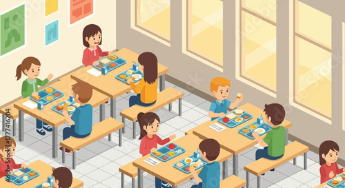 School Cafeteria Scene with Students Eating Lunch