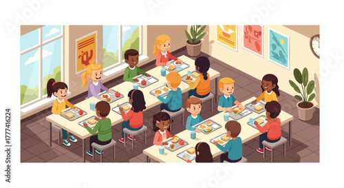 A colorful vector illustration of diverse elementary school students eating lunch together in a cafeteria, representing community and friendship