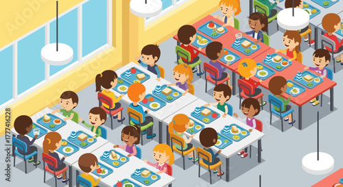 Students enjoying lunch together in a bright and cheerful school cafeteria during the day