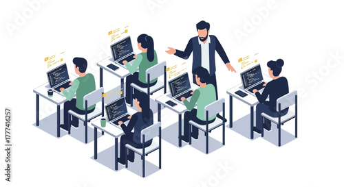 Diverse team engaged in a technology learning workshop, developing coding and digital skills under expert guidance in a modern, collaborative educational environment