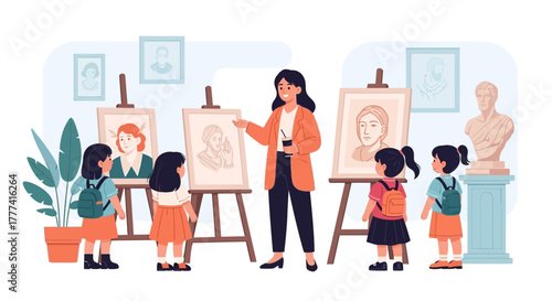 Young students learn art from a teacher in a bright studio, exploring painting and fostering creativity during an interactive education class, sparking artistic interest
