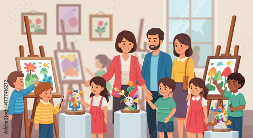 A family attends an art exhibition showcasing children's artwork displayed on easels and pedestals with paintings and sculptures on view