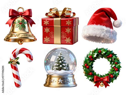 Collection of six festive christmas objects isolated on transparent background