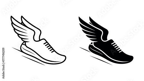 Running shoe with wings icon set isolated on white background