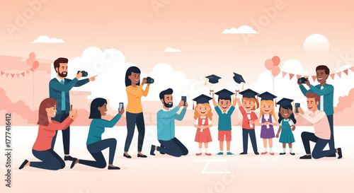 Proud parents and family capturing memories of their children's kindergarten graduation ceremony with cameras and phones