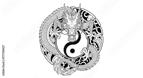 Elaborate black and white illustration of a dragon encircling the yin yang symbol with detailed