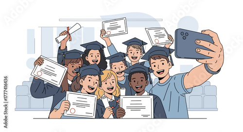 Cheerful young graduates from diverse backgrounds taking a commemorative selfie, happily holding their diplomas on graduation day
