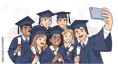 A joyful group of diverse university graduates in caps and gowns taking a celebratory selfie with a smartphone to capture the memorable moment of their commencement