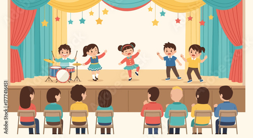 Young diverse children performing on a vibrant stage, singing, dancing, and playing music for an attentive audience, creating a lively school talent show or community entertainment event