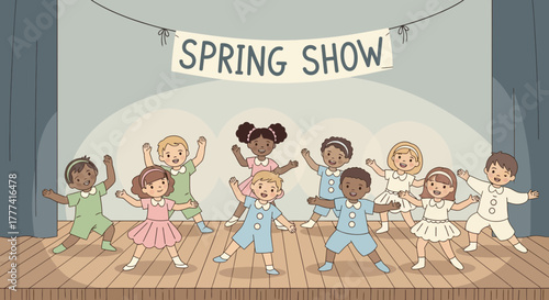 Children Performing on Stage Cheerful Kids in Costumes Celebrate a Spring Show Performance