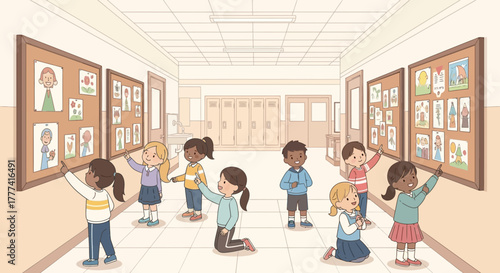 Children Admiring Artwork in a School Hallway A Celebration of Creativity