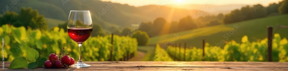 Fototapeta premium Elegant wine glasses filled with red wine rest on a rustic wooden table overlooking picturesque vineyards bathed in golden sunlight , still life, drink