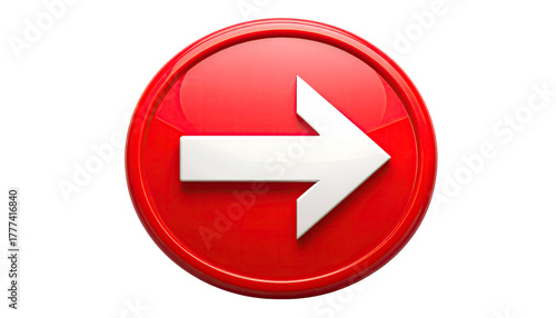 Shiny red button with forward-pointing white arrow, dark background