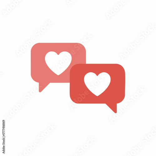 Two chat bubbles heart flat vector illustration on white background