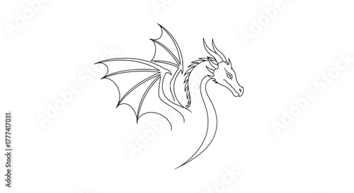 Elegant monochrome line art depicting a dragon with wings, a mythical creature outline