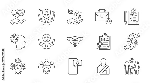 Healthcare thin line icon set. Containing prevention, treatment, medical, healthcare report, ilness, medical care, mask, diagnosis, health, ai healthcare. Vector illustration