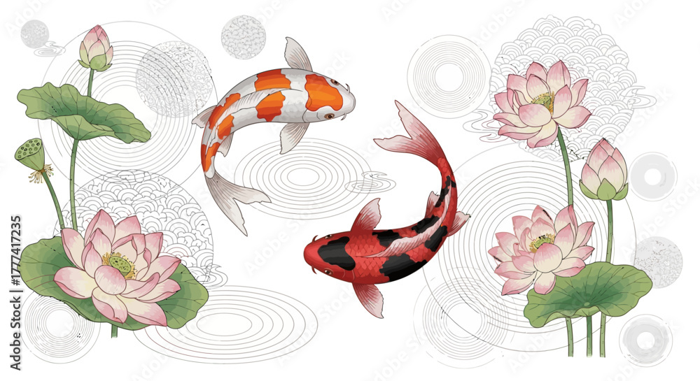 Naklejka premium Artistic koi fish illustration with tranquil lotus flowers and abstract water patterns design