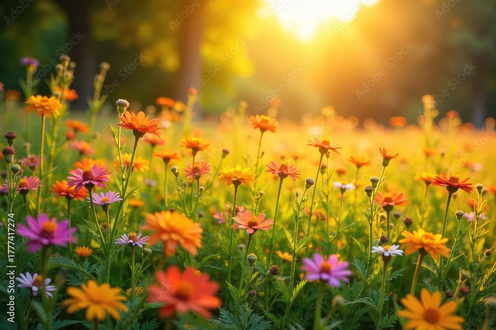 Obraz premium Golden sunlight bathes a field of vibrant wildflowers, creating a breathtaking scene of natural beauty Perfect for illustrating themes of summer, nature, and serenity , meadow, beauty, bright
