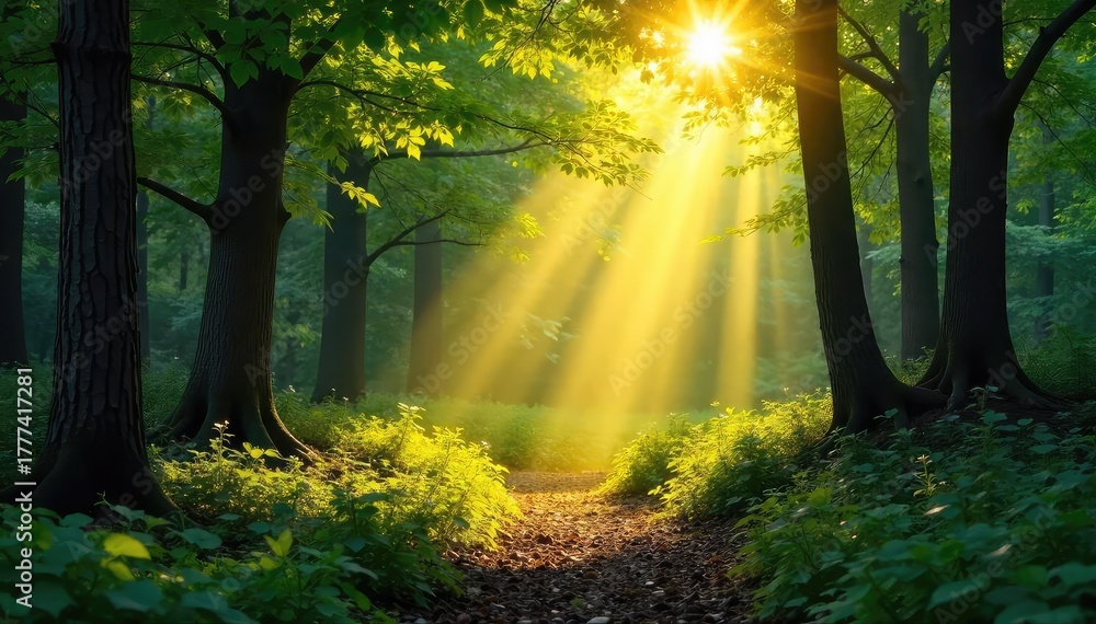Obraz premium Golden sunbeams stream through gaps in a lush forest canopy, illuminating the forest floor with dappled light Perfect for nature, serenity, and environmental themes , beam, canopy