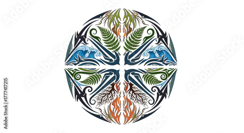 Symmetrical depiction showcasing natural elements like water plants fire in circular motif