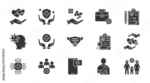 Healthcare thin glyph icon set. Containing prevention, treatment, medical, healthcare report, ilness, medical care, mask, diagnosis, health, ai healthcare. Vector illustration