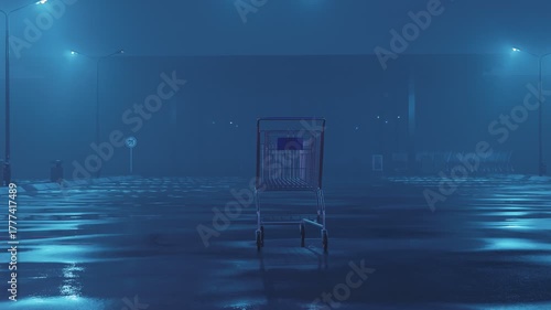 Moving shopping trolley in an abandoned foggy parking lot