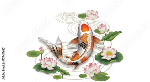 Elegance of koi carp swimming amongst the lotus flowers artistic interpretation