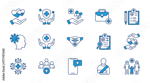 Healthcare thin blue icon set. Containing prevention, treatment, medical, healthcare report, ilness, medical care, mask, diagnosis, health, ai healthcare. Vector illustration