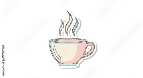 Charming pastel coffee cup illustration with steaming swirls, simple vector design on white backdrop