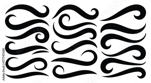 Baseball swoosh decorative calligraphic tail element. Underline retro swoop wave line for athletic tshirt. Hand drawn curly swishes, swash, twiddle. Vector illustrator 