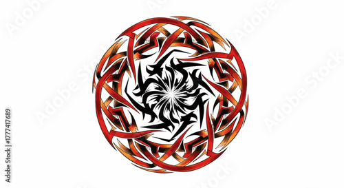 Fiery orb featuring intricate tribal patterns with central black floral burst