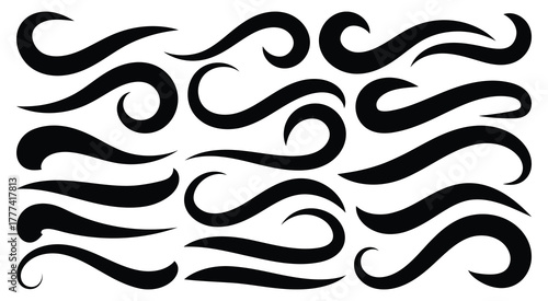 Baseball swoosh decorative calligraphic tail element. Underline retro swoop wave line for athletic tshirt. Hand drawn curly swishes, swash, twiddle. Vector illustrator 