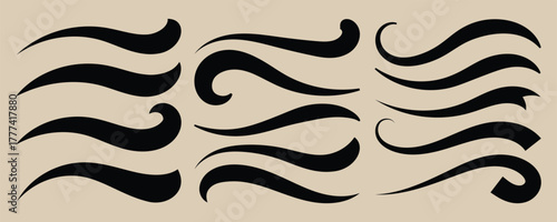 Hand-Drawn Swash Flourish Lines. Underline retro swoop wave line set. typography swoosh, swash tail. Curly strokes with squiggle tails. 