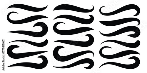 Baseball swoosh decorative calligraphic tail element. Underline retro swoop wave line for athletic tshirt. Hand drawn curly swishes, swash, twiddle. Vector illustrator 