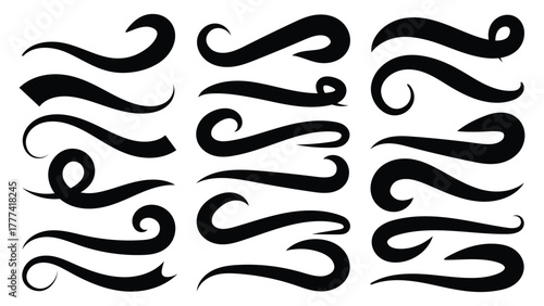Hand drown swirl swashes. Abstract Swash Vector Pack. Swish typography font elements for athletics, baseball, football decoration. Calligraphy swirls, text tails swoosh vector illustration. 