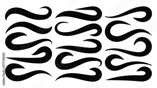 Hand drown swirl swashes. Abstract Swash Vector Pack. Swish typography font elements for athletics, baseball, football decoration. Calligraphy swirls, text tails swoosh vector illustration. 