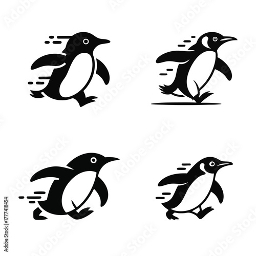 Set of Four Running Penguin Logo Icons, Fast Penguin Mascot Vector Graphics, Stylized Black and White Running Penguins