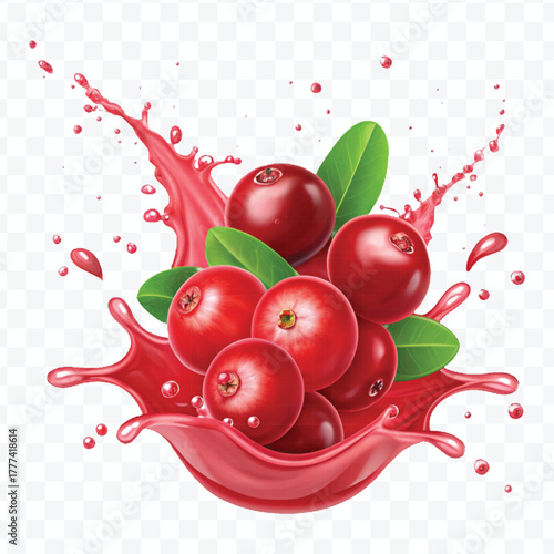 realistic cranberry  fruits with red liquid juice splash in different style isolated on transparent background