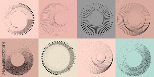 Lines and spirals in Circle Form .Rotate rounded shape Vector .Rotating dots form a circle .Rotating and linear design element . Various lines forming round shape . Abstract Geometric line art 